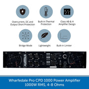 Back of a Wharfedale Pro CPD 1000 Power Amplifier, 1000W RMS, 4-8 Ohms