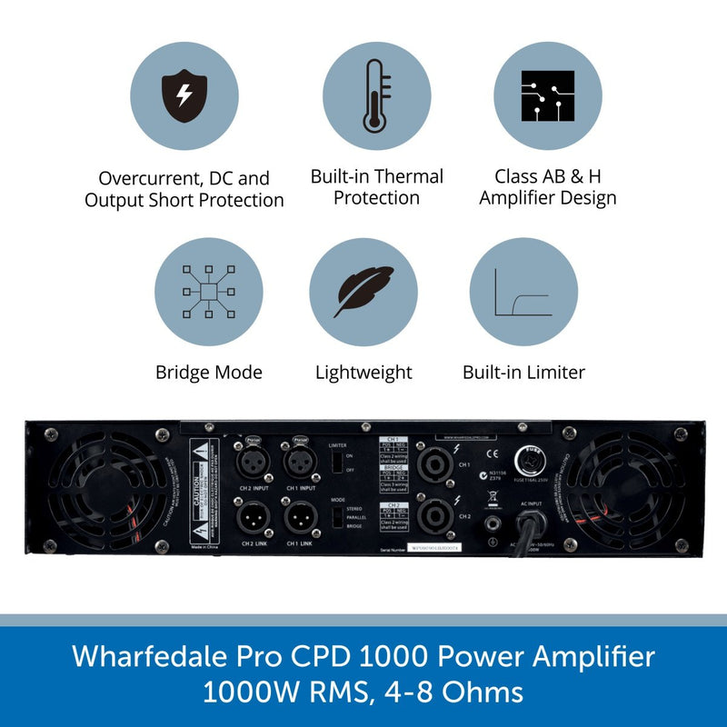 Back of a Wharfedale Pro CPD 1000 Power Amplifier, 1000W RMS, 4-8 Ohms