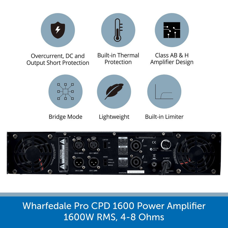 Back of a Wharfedale Pro CPD 1600 Power Amplifier, 1600W RMS, 4-8 Ohms
